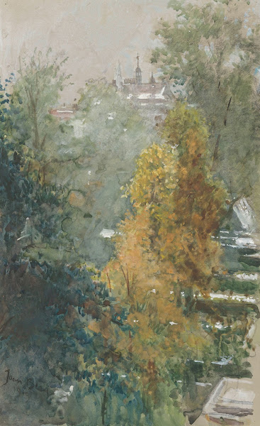 Uitzicht op bomen en gebouwen 1919