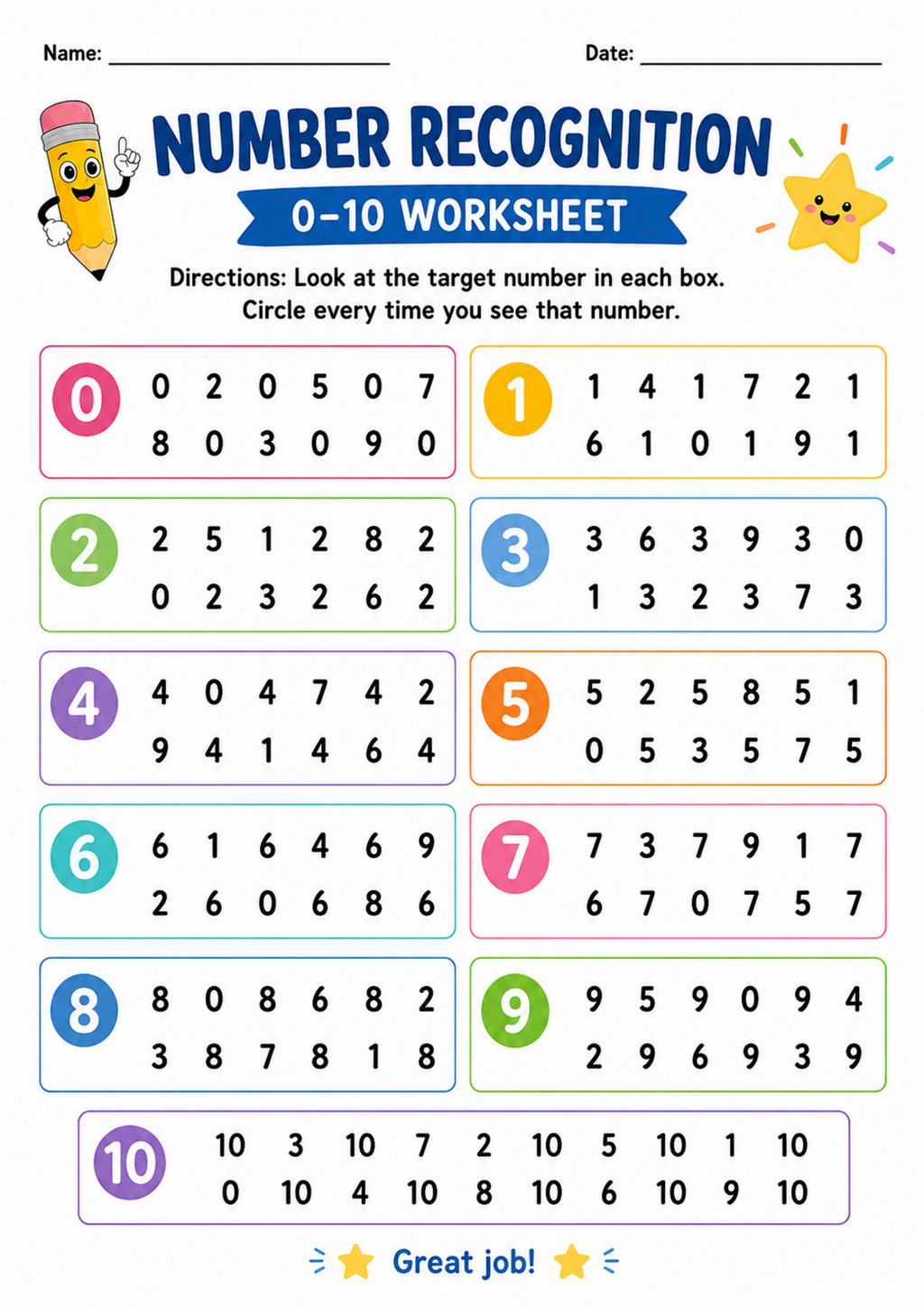 Number Recognition 0-10 Worksheet