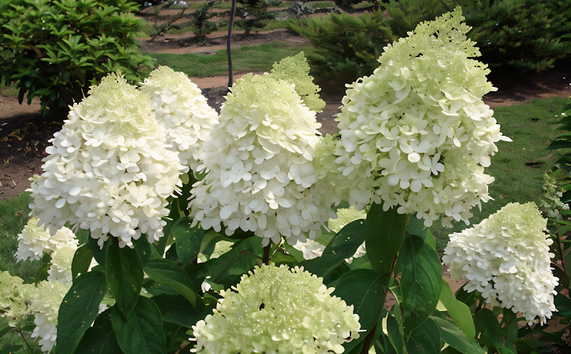 Ortensia paniculata 'Limelight' in piena fioritura, arbusto elegante e luminoso nel giardino.