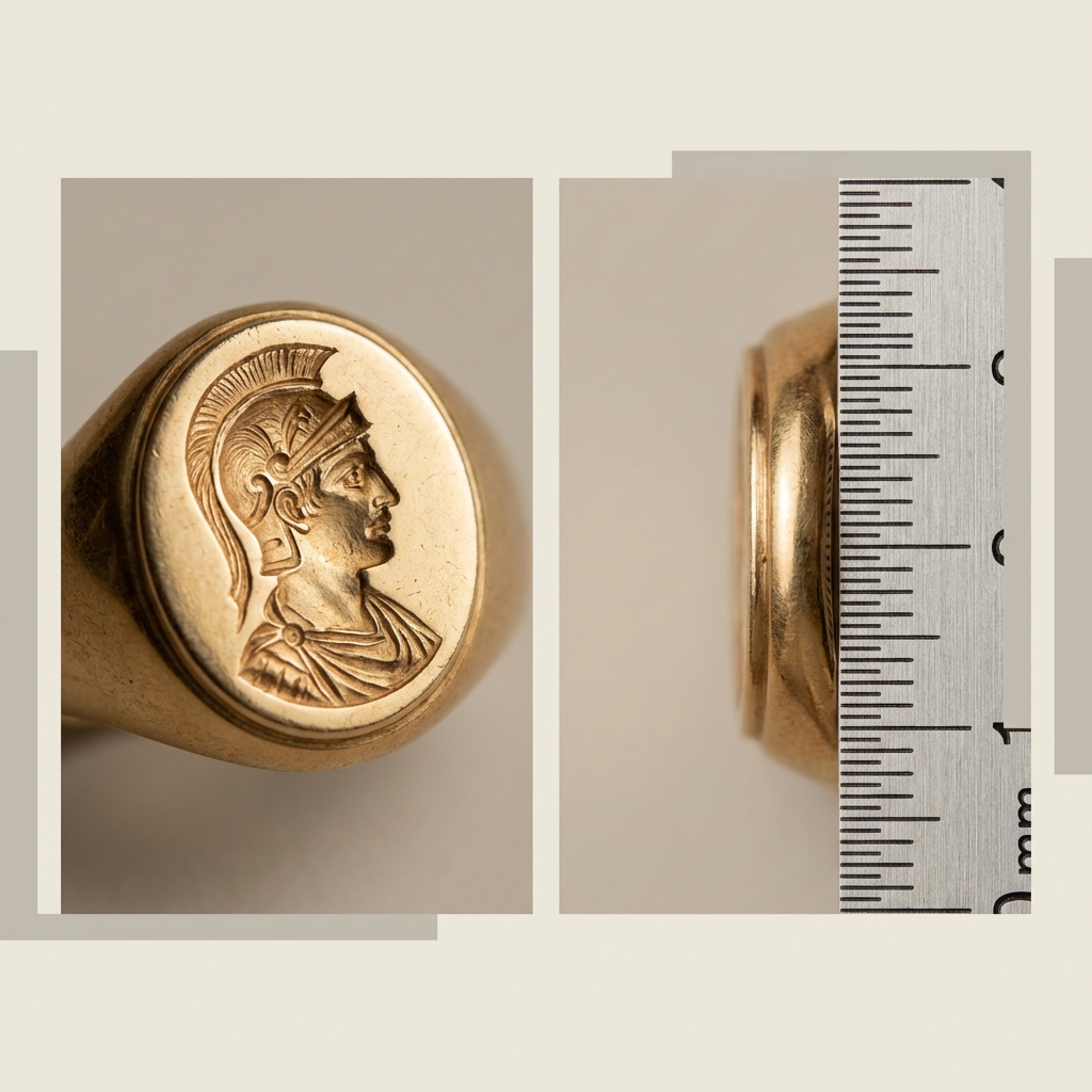 Side by side macro comparison of a gold ring with roman soldier intaglio and a close up of the bezel edge with a millimetre scale on a beige background