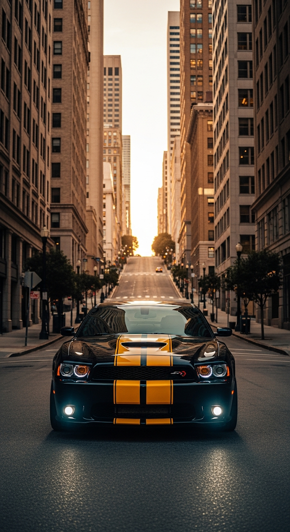 Front View of Black and Yellow Striped Muscle Car on City Street at Sunset