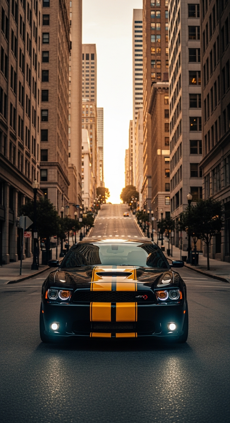 Front View of Black and Yellow Striped Muscle Car on City Street at Sunset - Free 4K mobile Wallpaper