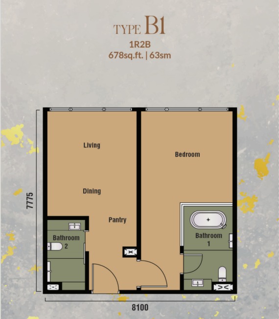 Branniganz Type B1 floor plan — 400 sq ft, 1 bedrooms
