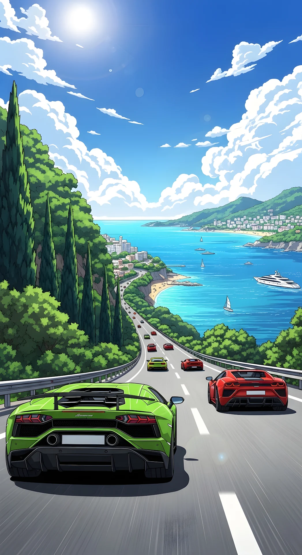 Supercars Driving Mediterranean Coastal Highway Illustration - Free 4K mobile Wallpaper