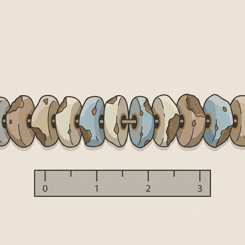 Minimalist 2D vector close up of faience bead strand with visible glaze loss and original stringing holes beside a ruler for scale in Aurora Antiqua palette ancient egyptian scarab ring price