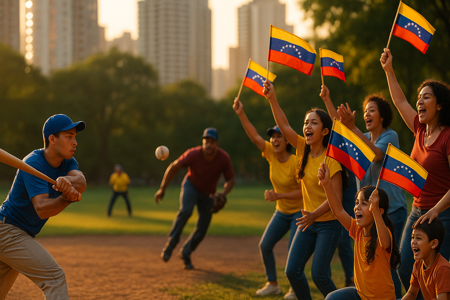 Venezolanos jugando béisbol en un parque urbano del exterior al atardecer