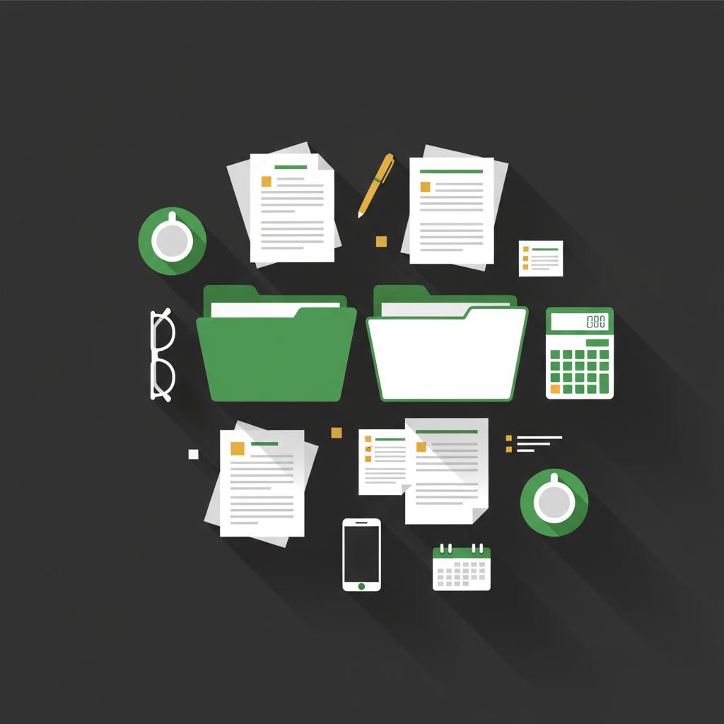Minimalist 2D vector overhead of a kitchen table with folders documents calculator glasses and coffee cups symbolizing retirement planning tips and calm collaboration