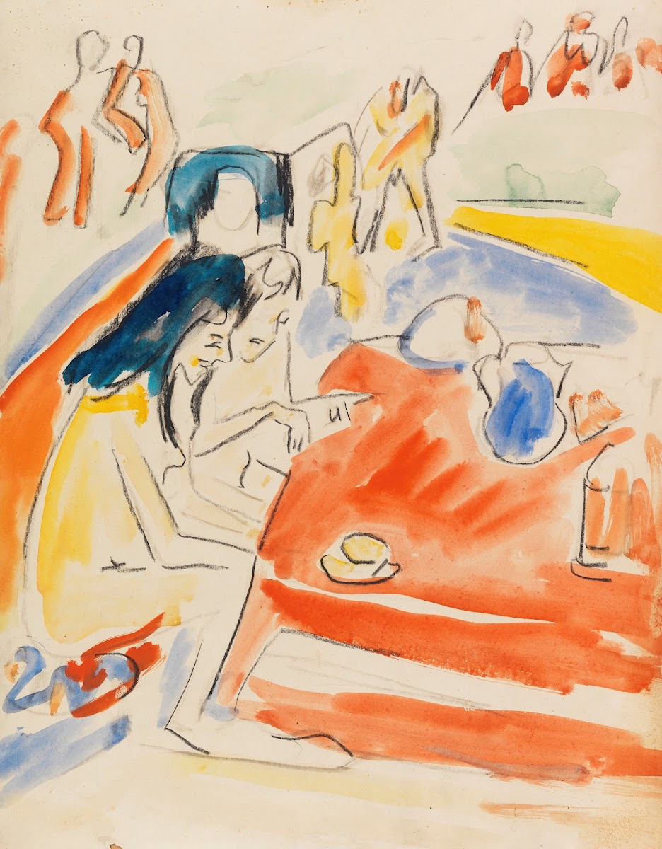 Zwei am Tisch sitzende Mädchen 1910