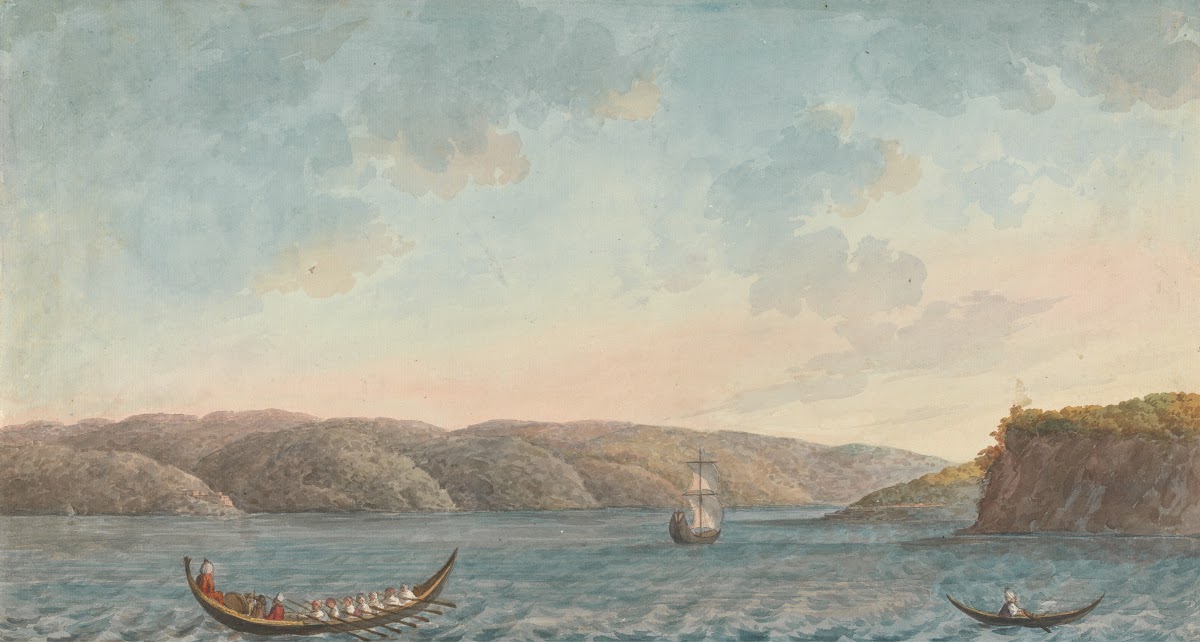 Two Rowing Boats and a Sailboat by a Steep Cliff Hilly Landscape Seen From the S