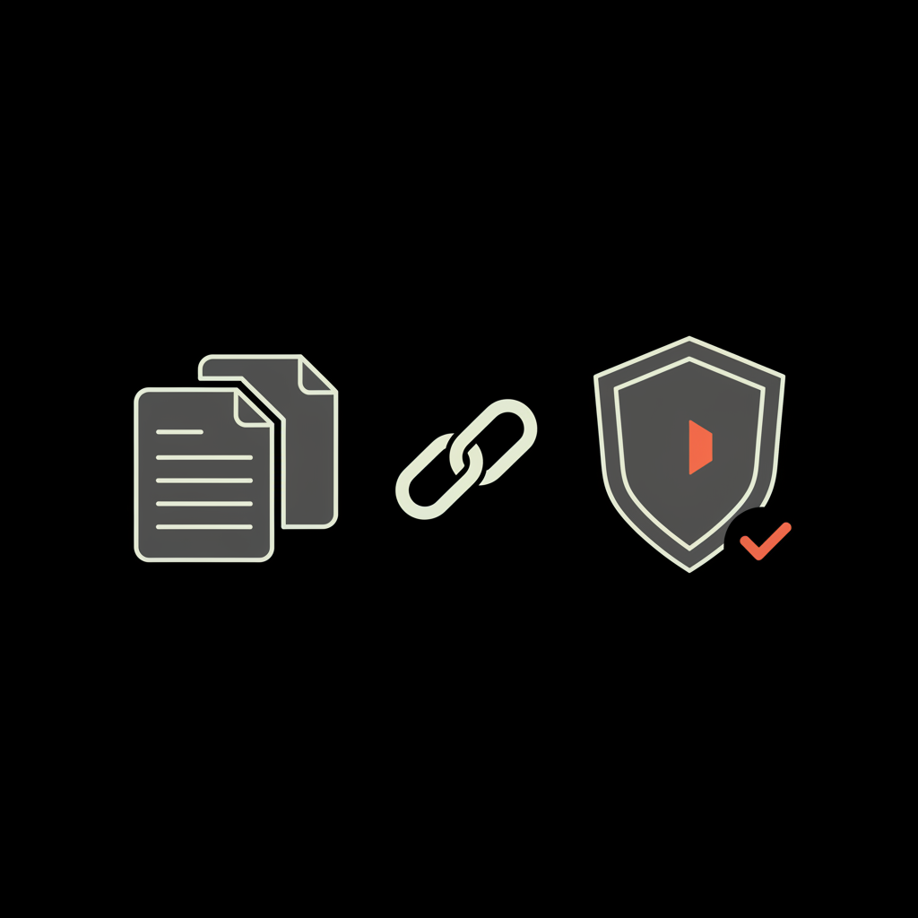 Minimal 2D vector infographic showing a verification evidence pack with document stack, link icon and shield on black background for blue checkmark on Instagram context.