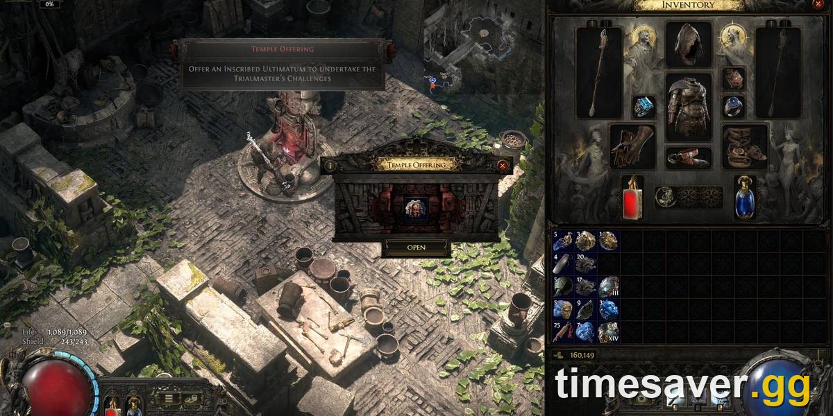 Path of Exile 2 Temple Offering prompt reading "Offer an Inscribed Ultimatum to undertake the Trialmaster's Challenges" — this is how you start a Trial of Chaos run, the main source of Soul Cores.