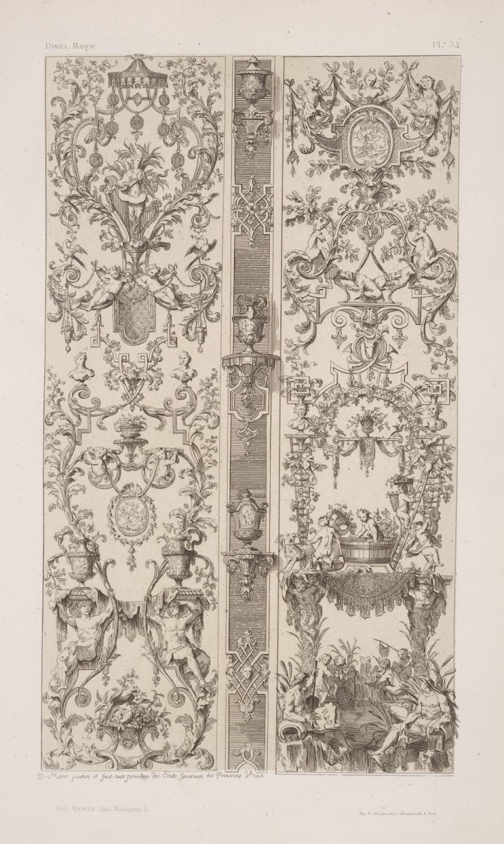 Two vertical designs separated by designs for urns supported by brackets 1875 18