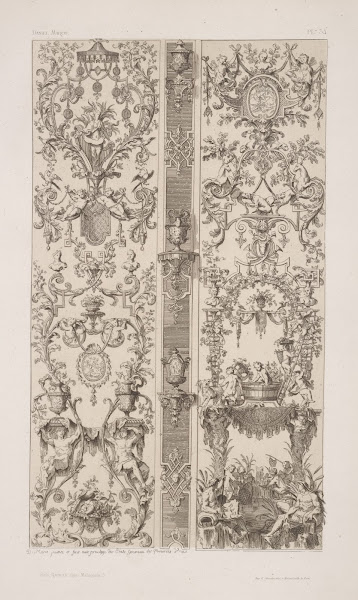 Two vertical designs separated by designs for urns supported by brackets 1875 18