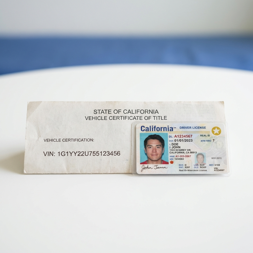 Close up of vehicle title and drivers license showing VIN on table with soft natural light and a subtle blue accent red flags rule auto dealers