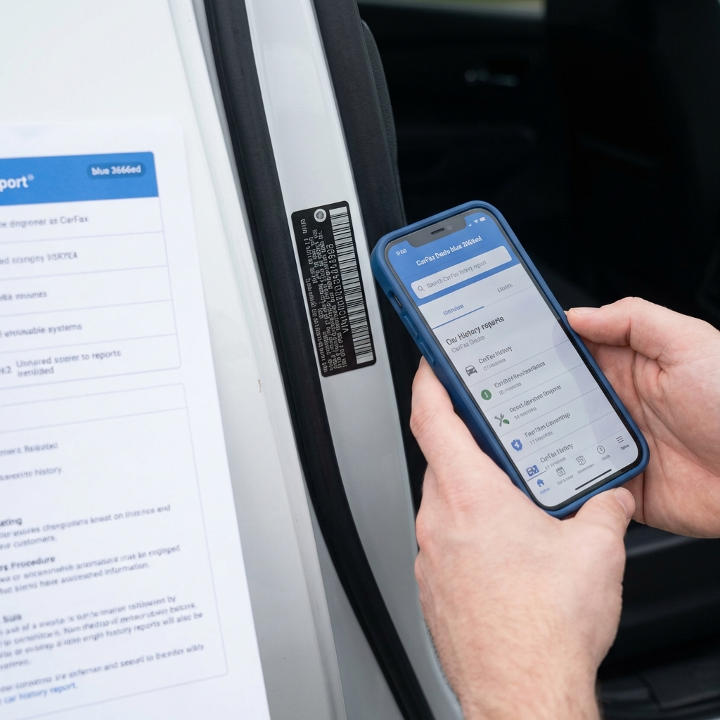 Close up of person checking VIN on car door frame with smartphone and printed vehicle history report visible minimalist inspection shot for used cars under 10000