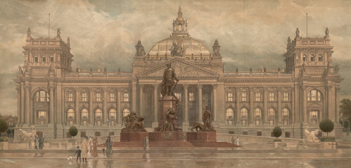 Reichstagsgebäude und Bismarckdenkmal in Berlin Abendstimmung nach dem Regen