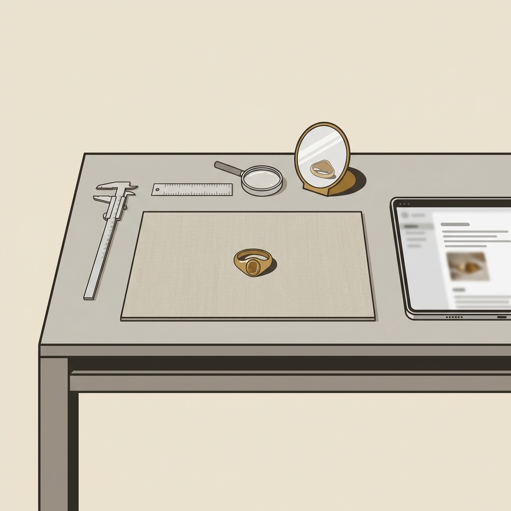 Minimalist 2D vector of a conservator workspace with a roman intaglio ring beside a tablet with a blurred catalogue layout measurement tools and a small mirror on a beige background