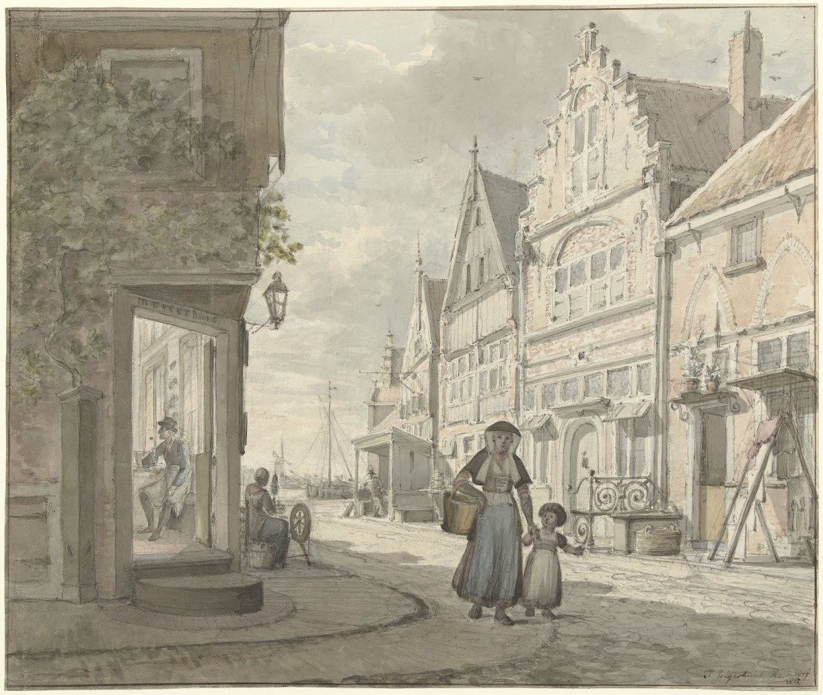 Vrouw en een kind lopen op straat in een vissersdorp 1817