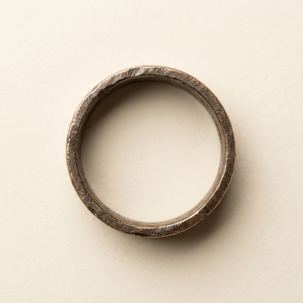 Macro close up of ancient viking wedding rings bezel and inner hoop showing worn patina and tool marks for condition comparison on warm cream background