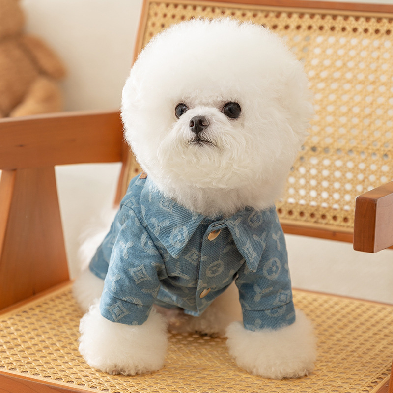Denim dog jacket with guiding ring for two front paws