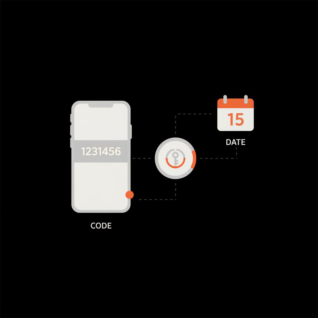 Minimal vector infographic showing a smartphone with a verification code, an authenticator app icon, and a calendar date on black background — unlock Outlook account workflow.