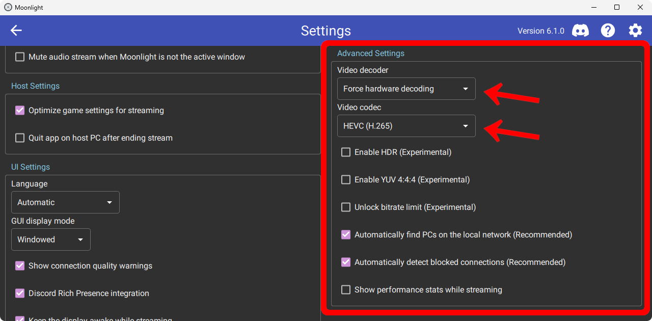 Moonlight advanced settings