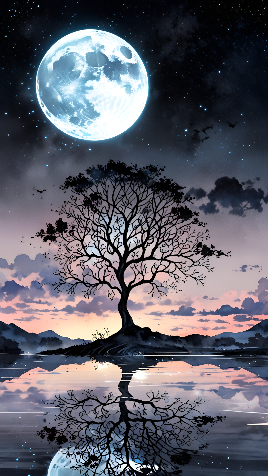 Solitary Tree Silhouette Under Giant Blue Full Moon - Free 4K mobile Wallpaper