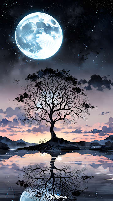 Solitary Tree Silhouette Under Giant Blue Full Moon - Free mobile Wallpaper