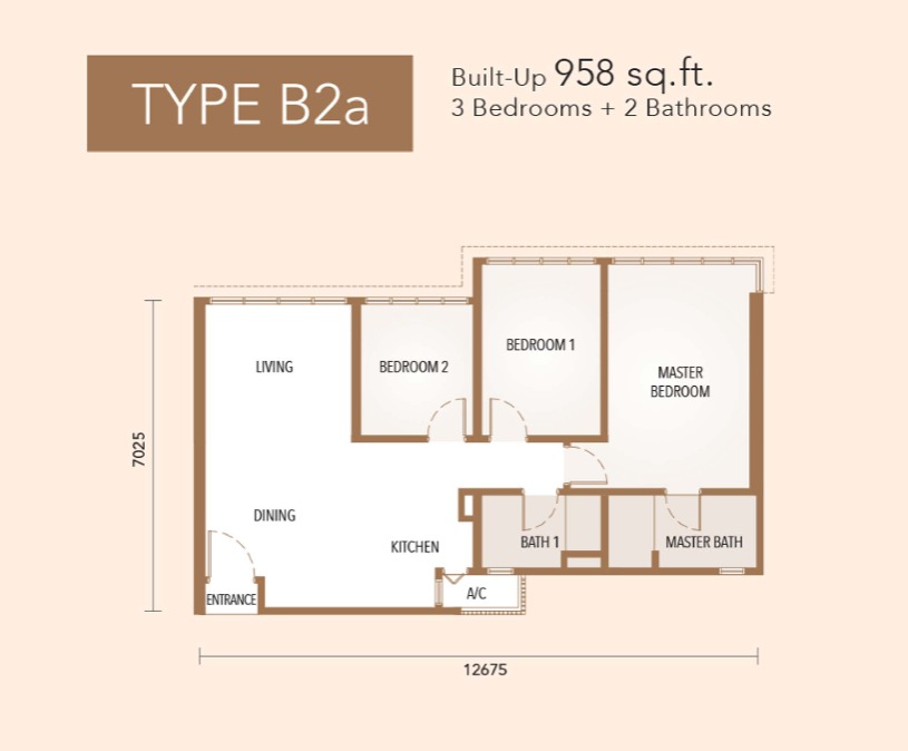 The Maple Residences Type B2A floor plan — 1052 sq ft, 3 bedrooms
