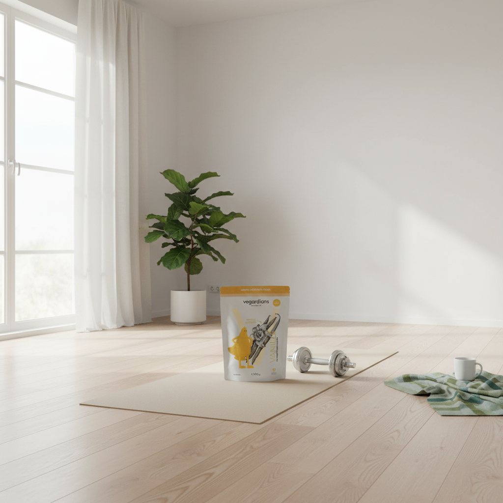 Minimalistische Heimtrainingsszene mit Yogamatte, Kurzhanteln und Vegardians-Produkt auf der Matte – Welche Supplements für Masseaufbau? Skandinavisches Wohnzimmer, Tageslicht.