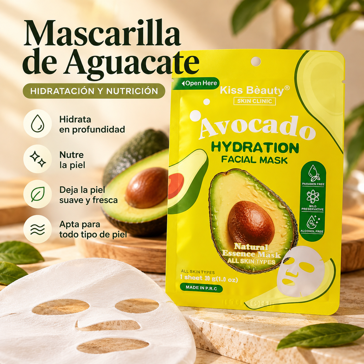 Mascarilla facial hidratante de palta Kiss Beauty