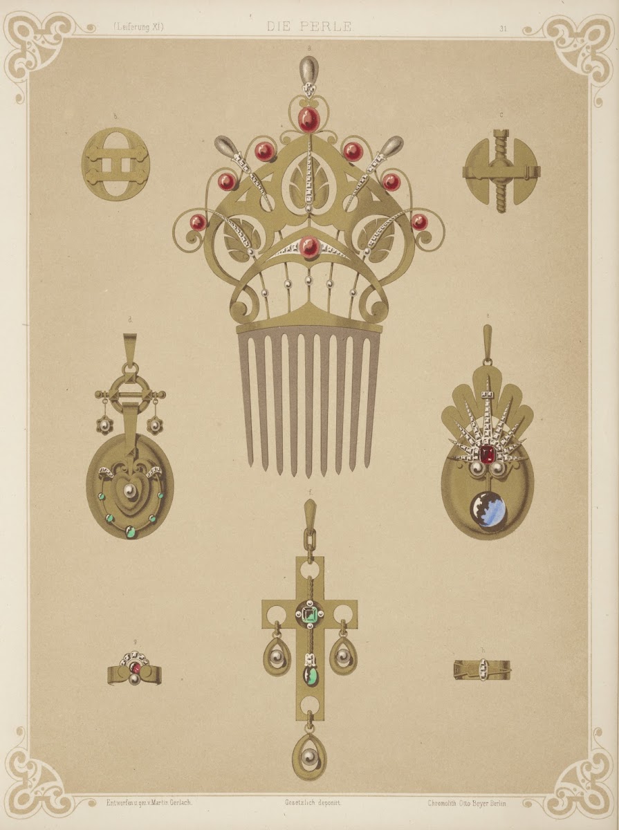 Eight Designs For Jewelry Including Gold Comb With Red And Gray Pearls 1872   18