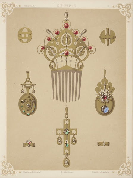 Eight Designs For Jewelry Including Gold Comb With Red And Gray Pearls 1872   18
