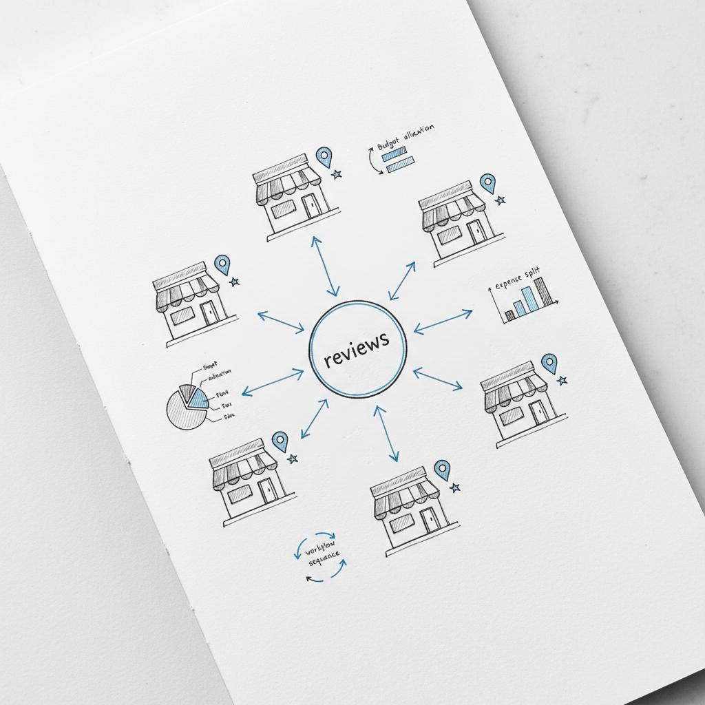 Minimalist notebook sketch of storefront map with pins and star icons linked to a central reviews hub, illustrating Yelp disadvantages for local businesses.
