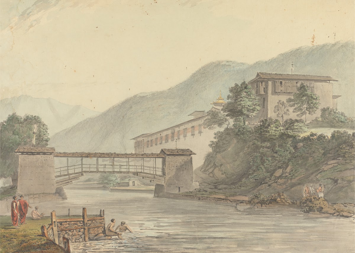 View of Tashichoedzong Bhutan and Foot Bridge