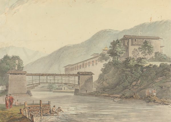 View of Tashichoedzong Bhutan and Foot Bridge