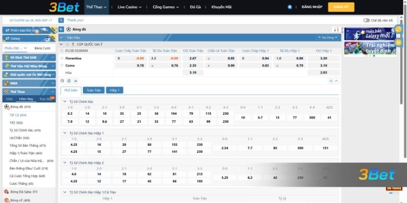 Tỷ lệ kèo Fiorentina vs Como 03h00 ngày 28/01/2026