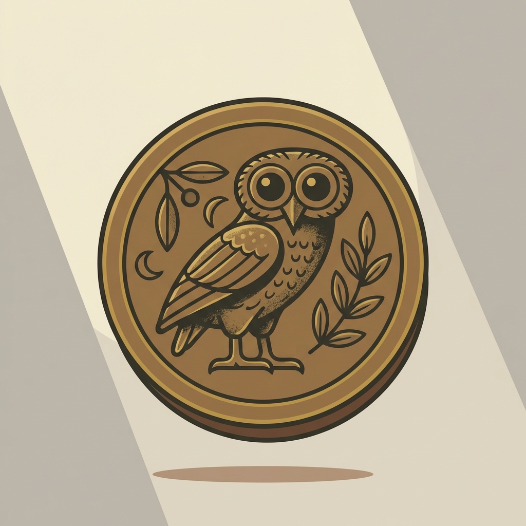Minimalist 2D vector close up of an owl motif engraved on an ancient coin in a low bronze bezel on a pale warm background suitable for greek coin rings article