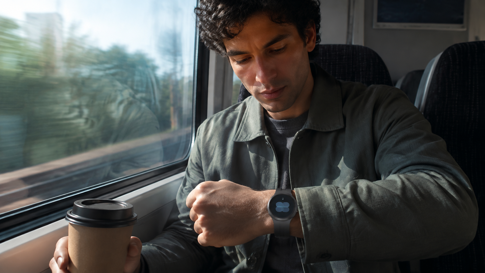 Viaggiatore consulta Galaxy Watch 9 a bordo di un treno