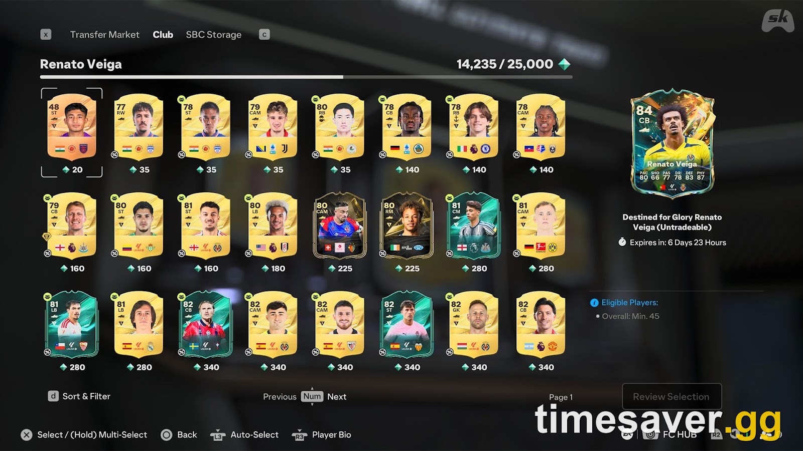 EA FC 27 Evolution player-selection screen for a Season 1 campaign Evolution showing the grid of eligible club players and an Overall Min. 45 entry gate