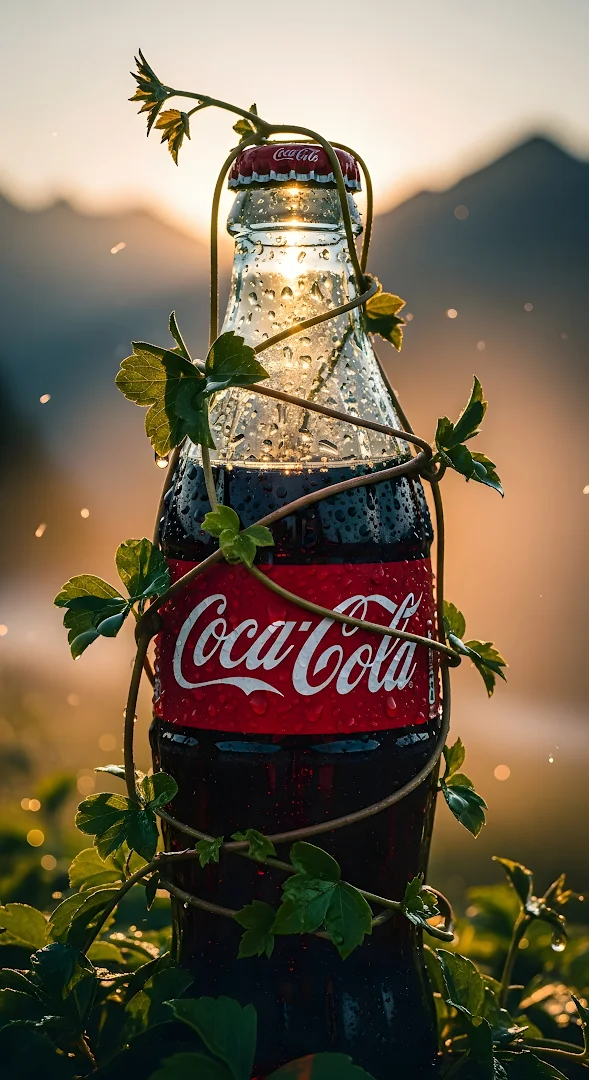Dewy CocaCola Bottle Wrapped in Vine at Sunset