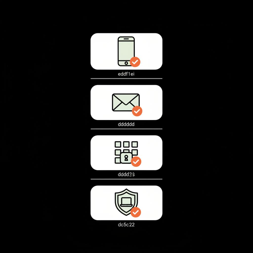 Minimal 2D vector infographic on black background showing four icons—phone, email, backup codes, and trusted device—with orange check badges to illustrate steps to recover forgotten Gmail password