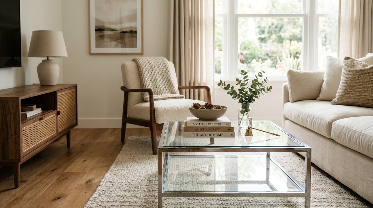 How to Style a Chrome Coffee Table Without Making Your Room Feel Cold - chrome side table beside walnut furniture in a living room