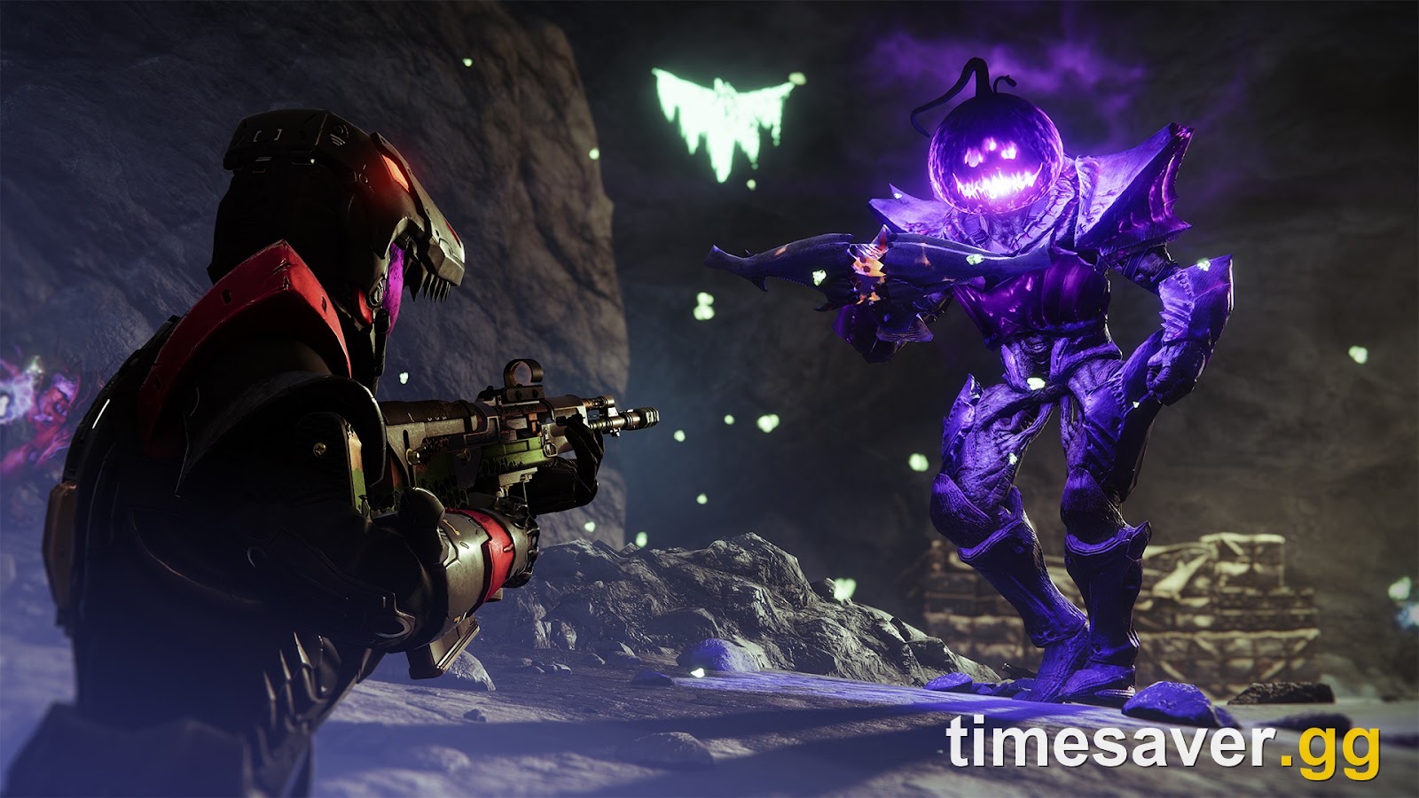 A Guardian faces a glowing pumpkin-headed Headless One inside a dark Destiny 2 Haunted Sector