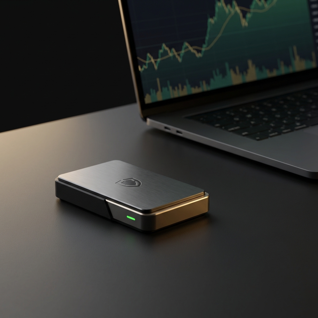Is Coinbase a risky stock? Close up of a hardware crypto wallet on a dark desktop with a blurred trading chart on a laptop using Finance Police brand colors and no visible faces or on screen text
