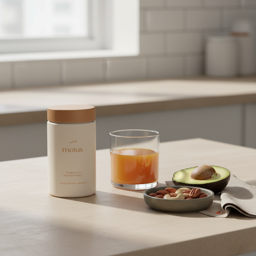 Minimalist kitchen still life with Tonum Motus supplement jar beside orange juice, nuts and avocado, illustrating bariatric vitamin interactions and weight loss guidance.