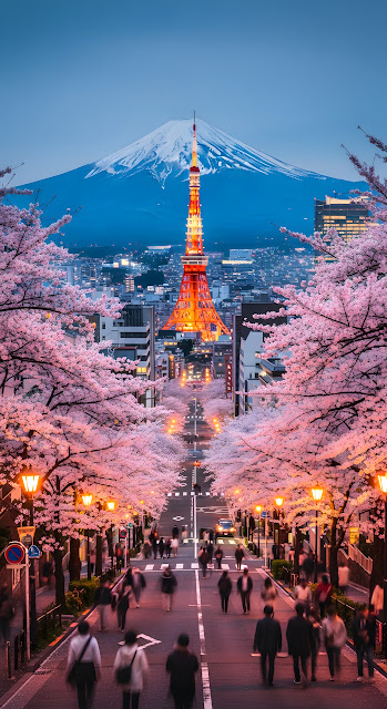Iconic View of Mt Fuji and Tokyo Cityscape Down a Street Lined with Cherry Blossoms at Dusk - Free mobile Wallpaper