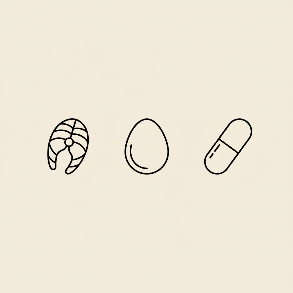 Minimal Tonum-style line illustration of a fish, egg, and capsule on beige background representing nutrition and supplements for men lose weight fast