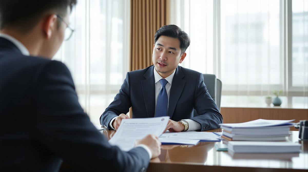 국가유공자 재심청구를 위해 장해진단서와 과거 판정 서류, 변호사와 상담하는 모습, 최신 서류 제출 절차를 실제 행정기관에서 진행하는 상황을 구체적으로 묘사