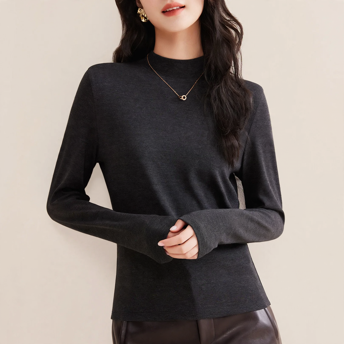 Women's thermal base layer shirt with stand-up collar, lined